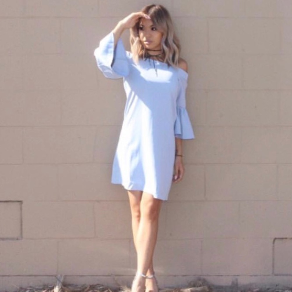 Blue off shoulder bell sleeve dress